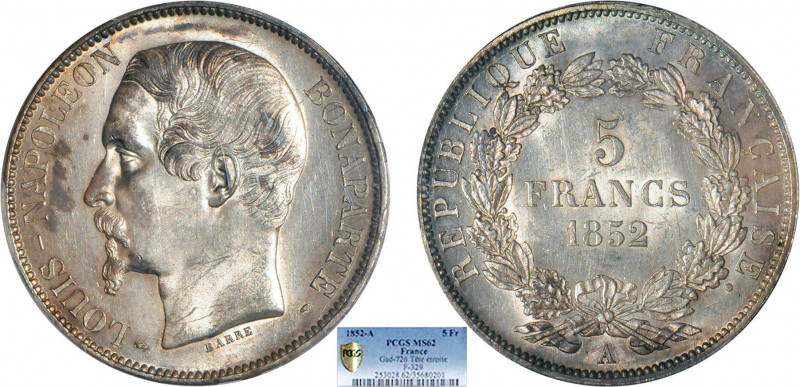 5 FRANCS
5 FRANCS Louis Napoléon Bonaparte
1852 A - SPL 62 (SUP++)
T. ét., Ra...