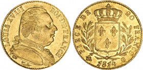 20 FRANCS OR
20 FRANCS or, Louis XVIII buste habillé
1814 Q - TTB 40 (TTB+)
Grand 4 - Rare !


G 1026, F 517, KM# 706, Fr# 525-30
PERPIGNAN - O...