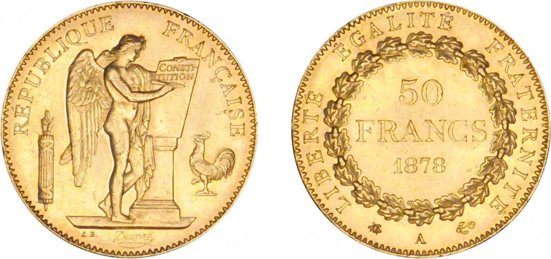 50 FRANCS OR
50 FRANCS or, "Génie"
1878 A - SUP 58 (SUP)
Très Rare !!, infime...