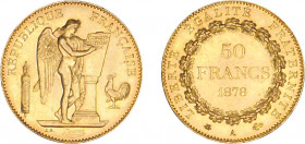 50 FRANCS OR
50 FRANCS or, "Génie"
1878 A - SUP 58 (SUP)
Très Rare !!, infimes coups tranche


G 1113, F 549, KM# 831
PARIS - OR - 16,12g

 -...