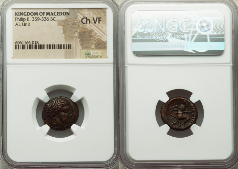 MACEDONIAN KINGDOM. Philip II (359-336 BC). AE unit (18mm, 3h). NGC Choice VF. U...