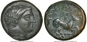 MACEDONIAN KINGDOM. Philip II (359-336 BC). AE unit (17mm, 11h). NGC Choice VF. Uncertain mint in Macedonia. Head of Apollo right, wearing taenia / ΦI...