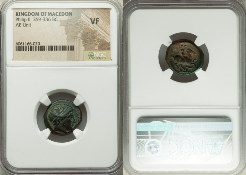 MACEDONIAN KINGDOM. Philip II (359-336 BC). AE unit (18mm, 6h). NGC VF. Uncertai...