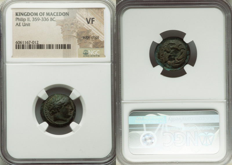 MACEDONIAN KINGDOM. Philip II (359-336 BC). AE unit (17mm, 3h). NGC VF, edge chi...