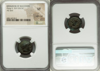 MACEDONIAN KINGDOM. Philip II (359-336 BC). AE unit (17mm, 3h). NGC VF, edge chips. Uncertain mint in Macedonia. Head of Apollo right, wearing taenia ...