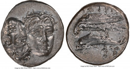 MOESIA. Istrus. Ca. 4th century BC. AR drachm (17mm, 4h). NGC AU. Two facing male heads; the left inverted / IΣTPIH, sea-eagle left, grasping dolphin ...