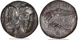 MOESIA. Istrus. Ca. 4th century BC. AR drachm (17mm, 1h). NGC XF. Two facing male heads , the left inverted / IΣTPIH, sea eagle left, grasping dolphin...