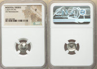 BOEOTIA. Federal Coinage. Ca. 425-375 BC. AR hemidrachm (13mm, 12h). NGC Fine. Boeotian shield / Θ-EB, cantharus, club right above, axe to left, all i...