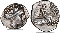 EUBOEA. Histiaea. Ca. 3rd-2nd centuries BC. AR tetrobol (13mm, 1.82 gm, 10h). NGC XF 5/5 - 4/5. Head of nymph right, wearing vine-leaf crown, earring ...