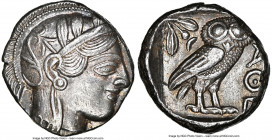 ATTICA. Athens. Ca. 440-404 BC. AR tetradrachm (23mm, 17.25 gm, 3h). NGC AU 4/5 - 5/5. Mid-mass coinage issue. Head of Athena right, wearing earring, ...