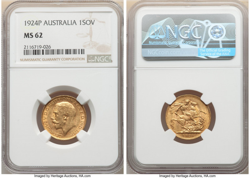George V gold Sovereign 1924-P MS62 NGC, Perth mint, KM29. AGW 0.2355 oz. 

HID0...