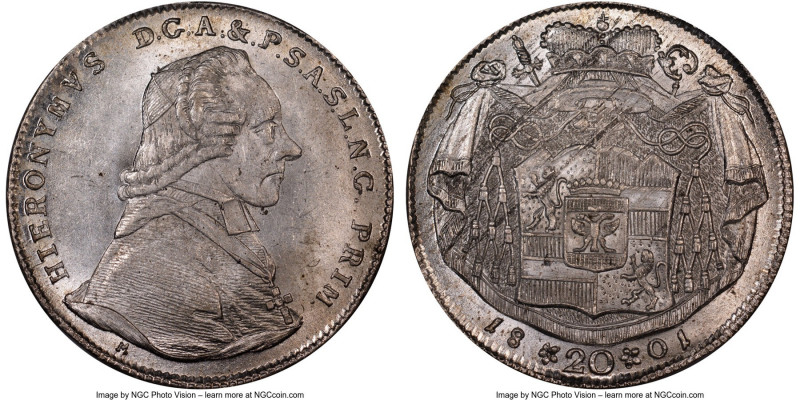 Salzburg. Hieronymus 20 Kreuzer 1801-M MS64 NGC, KM460. Pearl gray tone with sub...