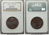 Ferdinand I 2 Kreuzer 1848-A MS64 Brown NGC, Vienna mint, KM2188. Chocolate glossy surface with blue toning and significant luster. 

HID09801242017

...
