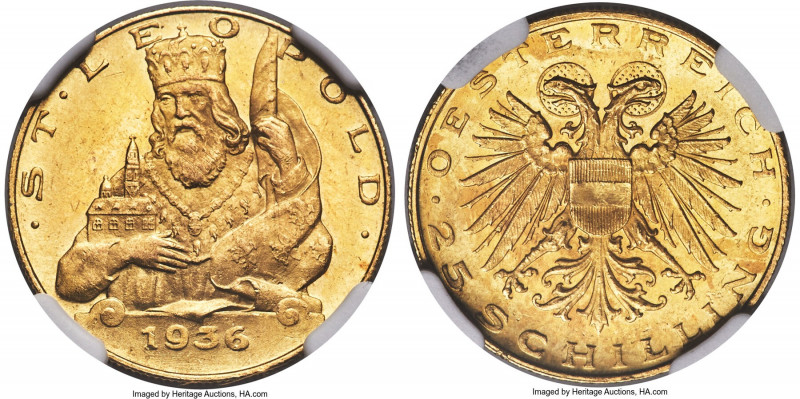 Republic gold 25 Schilling 1936 MS63 NGC, Vienna mint, KM2856, Fr-524. 

HID0980...