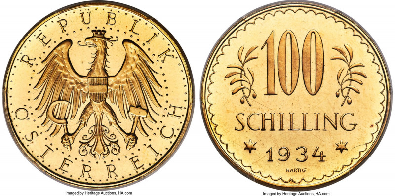 Republic gold Prooflike 100 Schilling 1934 PL65 PCGS, Vienna mint, KM2842. Minta...