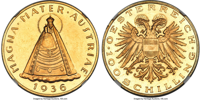 Republic gold Prooflike 100 Schilling 1936 PL63 NGC, Vienna mint, KM2857, Fr-522...