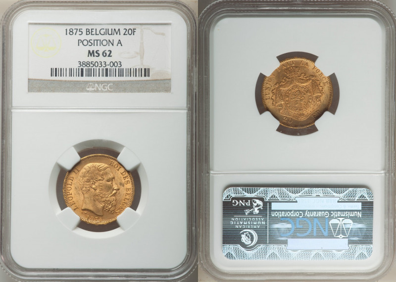Leopold II gold 20 Francs 1875 MS62 NGC, Brussels mint, KM37. Position A. AGw 0....