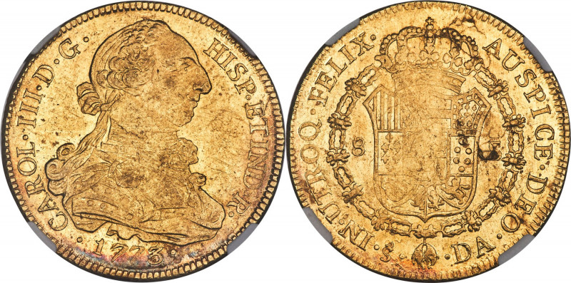 Charles III gold 8 Escudos 1773 So-DA AU58 NGC, Santiago mint, KM27. An alluring...