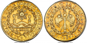 Republic gold 8 Escudos 1827 So-I AU Details (Tooled) PCGS, Santiago mint, KM84, Fr-33. Mintage: 2,176. A very elusive piece, displaying boldly struck...
