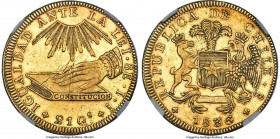 Republic gold 8 Escudos 1836 So-IJ AU55 NGC, Santiago mint, KM93, Fr-37. Popular hand on book type, Decree of 1836 - struck over Chile 8 Escudos of 18...