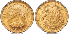 Republic gold 100 Pesos 1926-So MS63 NGC, Santiago mint, KM170. One year type. Velveteen glowing fields abundant in cartwheel luster. 

HID09801242017...