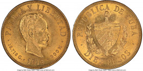 Republic gold 10 Pesos 1916 MS61 NGC, Philadelphia mint, KM20. An early popular type, displaying bold motifs and cartwheeling luster. 

HID09801242017...