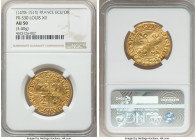 Louis XII gold Écu d'Or au soleil du Dauphiné ND (1498-1515) AU50 NGC, Fr-330, Dup-654. 3.40gm. LVDOVICVƨ : DEI : GRACIA : FRAnCORV : REX Quarted shie...