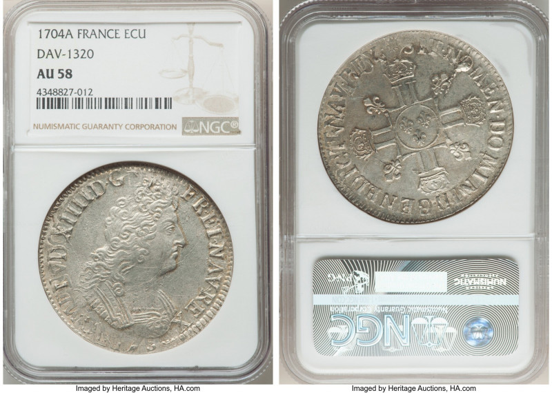 Louis XIV Ecu 1704-A AU58 NGC, Paris mint, KM360.1, Dav-1320. 

HID09801242017

...