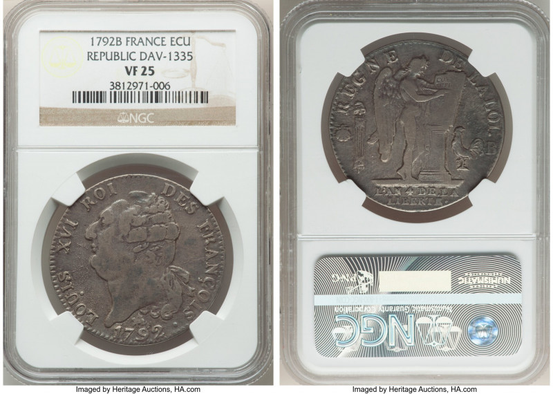 Louis XVI Ecu 1792-B VF25 NGC, Rouen mint, KM615.3, Dav-1335. Arsenic toned with...