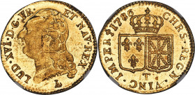 Louis XVI gold Louis d'Or 1786-T MS62 NGC, Nantes mint, KM591.14. Highly Prooflike and lightly stippled in the fields, this essentially choice specime...