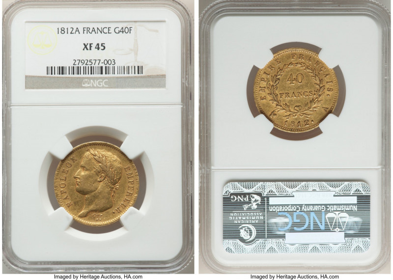 Napoleon gold 40 Francs 1812-A XF45 NGC, Paris mint, KM696.1. AGW 0.3734 oz. 

H...