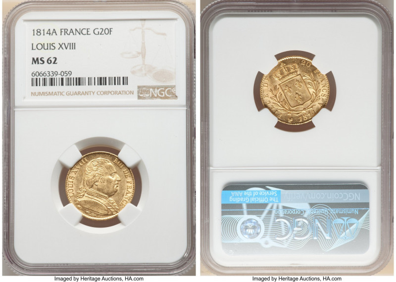 Louis XVIII gold 20 Francs 1814-A MS62 NGC, Paris mint, KM706.1, Gad-1026. 

HID...