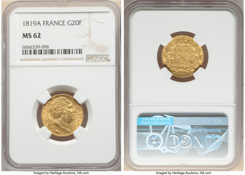 Louis XVIII gold 20 Francs 1819-A MS62 NGC, Paris mint, KM712.1. Horse head priv...