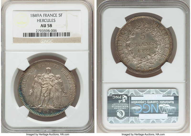 Republic 5 Francs 1849-A AU58 NGC, Paris mint, KM756.1. Two year type. Hercules ...