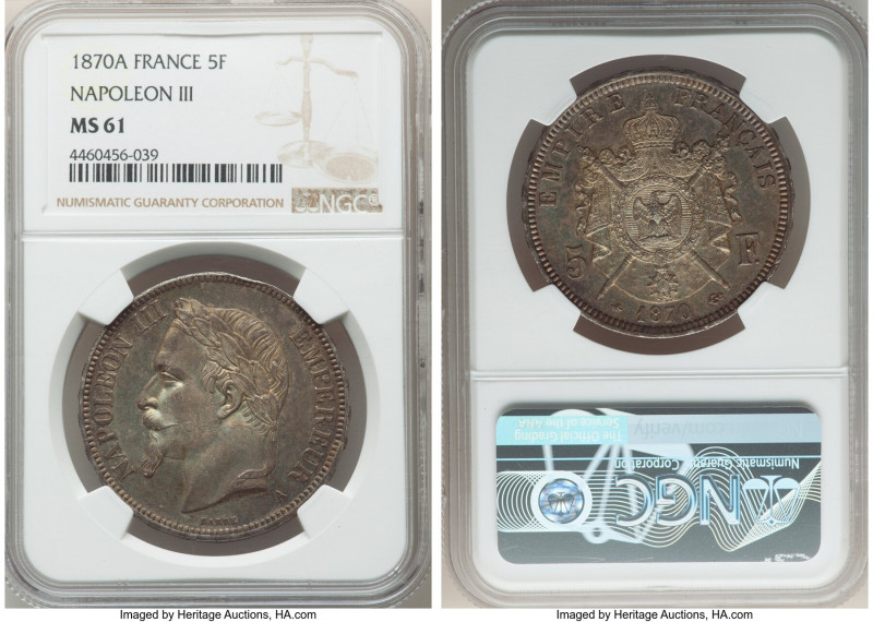 Napoleon III 5 Francs 1870-A MS61 NGC, Paris mint, KM799.1. Residual luster bene...