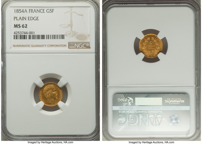 Napoleon III gold 5 Francs 1854-A MS62 NGC, Paris mint, KM783. Plain edge. 

HID...