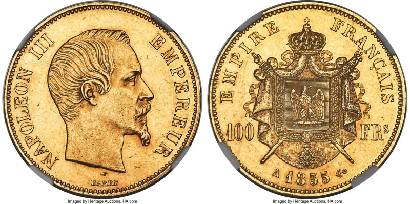 Napoleon III gold 100 Francs 1855-A AU58 NGC, Paris mint, KM786.1. AGW 0.9334 oz...