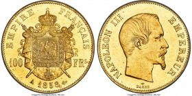 Napoleon III gold 100 Francs 1858-A AU55 ANACS, Paris mint, KM786.1. Mintage: 92,000. A lightly handled example, displaying sharp devices and golden f...