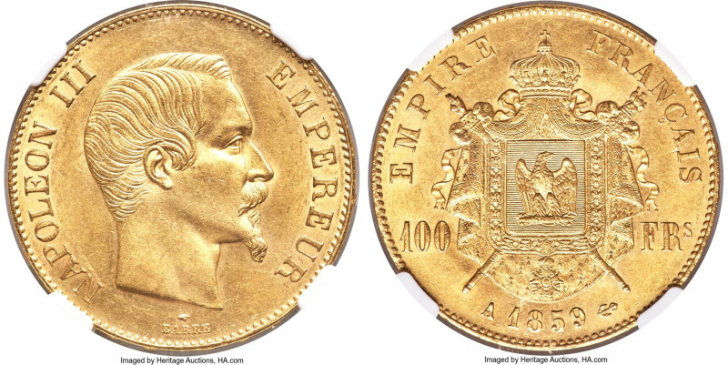 Napoleon III gold 100 Francs 1859-A MS61 NGC, Paris mint, KM786.1. Crisp strike ...