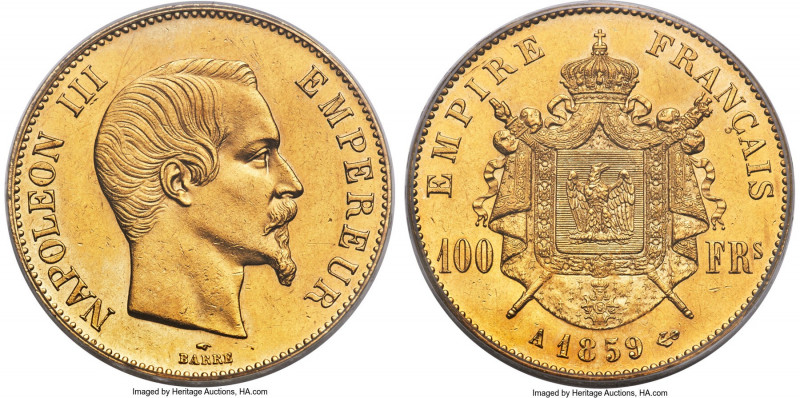 Napoleon III gold 100 Francs 1859-A AU58 PCGS, Paris mint, KM786.1. Honeyed gold...