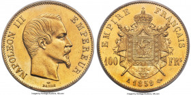 Napoleon III gold 100 Francs 1859-A AU58 PCGS, Paris mint, KM786.1. Honeyed golden color with reflective luster. AGW 0.9334 oz. 

HID09801242017

© 20...