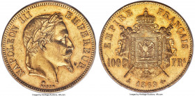 Napoleon III gold 100 Francs 1869-A AU55 PCGS, Paris mint, KM802.1, Gad-1136. Mintage: 29,000. Rose colored peripheral toning. 

HID09801242017

© 202...