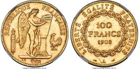 Republic gold 100 Francs 1903-A MS61 NGC, Paris mint, KM832, Gad-1137. Mintage: 10,000. A bold and sharp piece, weaving luminous fields and cartwheel ...