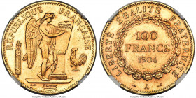 Republic gold 100 Francs 1904-A AU58 NGC, Paris mint, KM832, Gad-1137. Mintage: 20,000. Rose gold colored planchet with semi-reflective fields. 

HID0...