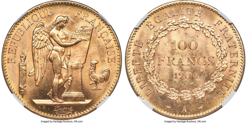 Republic gold 100 Francs 1906-A MS63 NGC, Paris mint, KM832, Gad-1137. Highly lu...