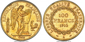 Republic gold 100 Francs 1910-A AU55 ANACS, Paris mint, KM858, Fr-590. A lightly handled piece, displaying crisp surfaces with some bag marks and ligh...