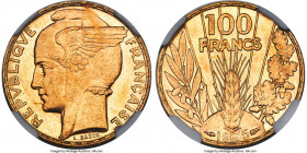 Republic gold "Bazor" 100 Francs 1935 MS64 NGC, Paris mint, KM880. A beloved art deco issue, displaying chiseled devices upon lustrous and somewhat re...