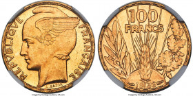 Republic gold "Bazor" 100 Francs 1936 MS64 NGC, Paris mint, KM880. A near-Gem specimen, showing bold devices and velveteen luster glowing from the fie...