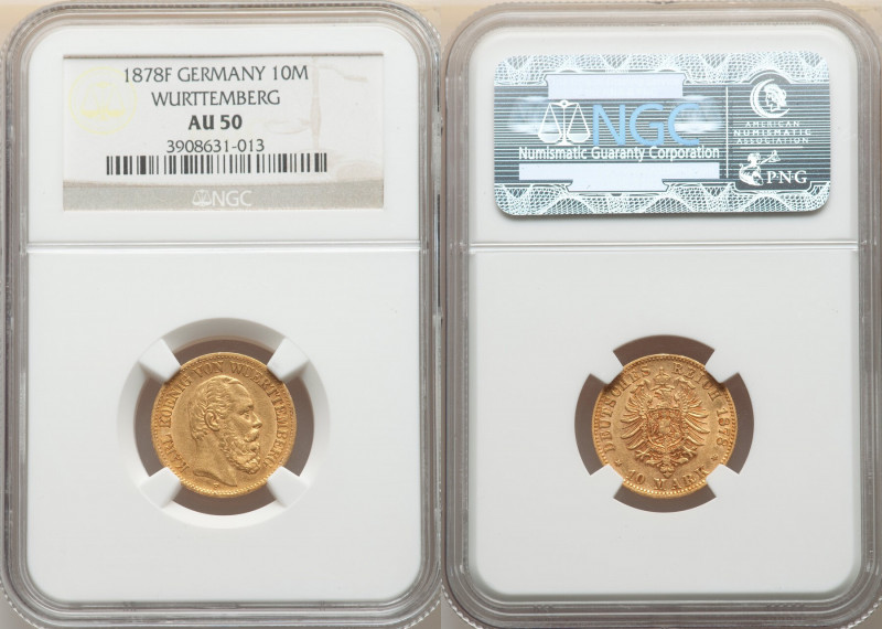 Württemberg. Karl gold 10 Mark 1878-F AU50 NGC, Stuttgart mint, KM624. 

HID0980...