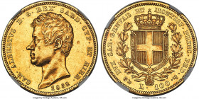 Sardinia. Carlo Alberto gold 100 Lire 1832 (Anchor)-P AU58 NGC, Genoa mint, KM133.2. Larger issue in a premium grade. AGW 0.9332 oz. 

HID09801242017
...